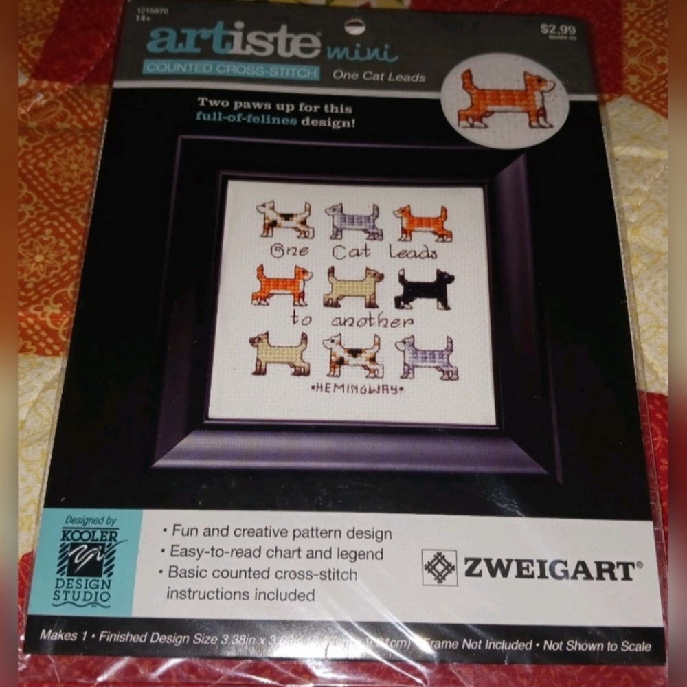 Artiste Counted Cross Stitch Kit One Cat Leads To Another Hemingway Quote NIP